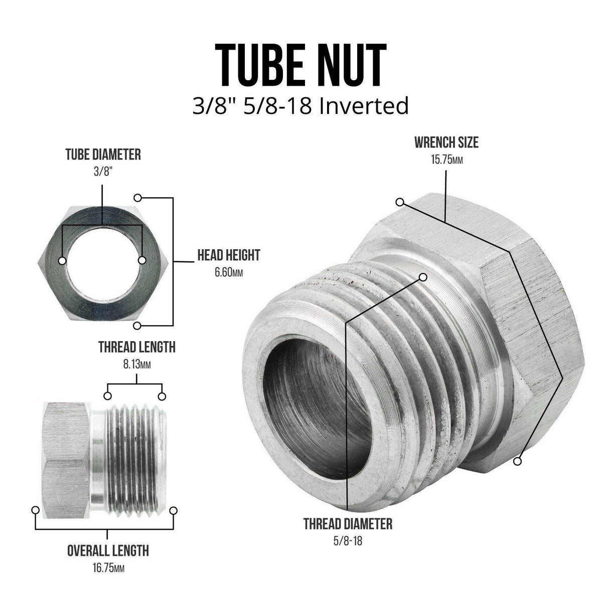 3/8" (5/8-18 Inverted) | Stainless Steel Brake Line Tube Nut | 10ct - 4LifetimeLines