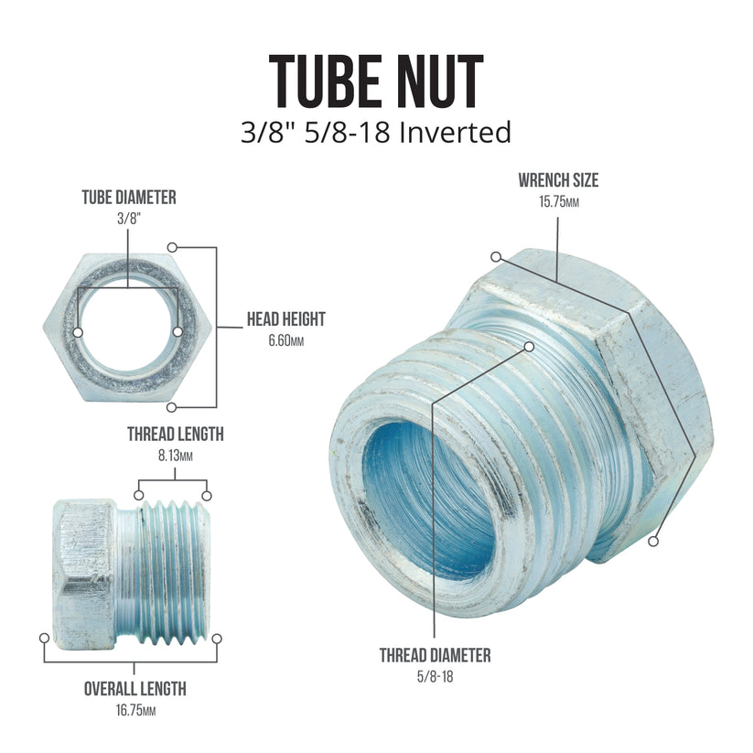 Brake Line Tube Nut | 3/8" (5/8-18 Inverted) | Black Oxide Coated Steel | Bag of 10