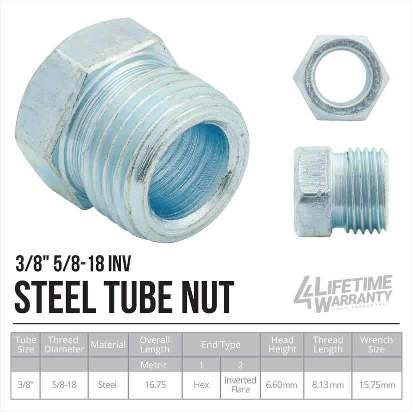 Brake Line Tube Nut | 3/8" (5/8-18 Inverted) | Black Oxide Coated Steel | Bag of 10