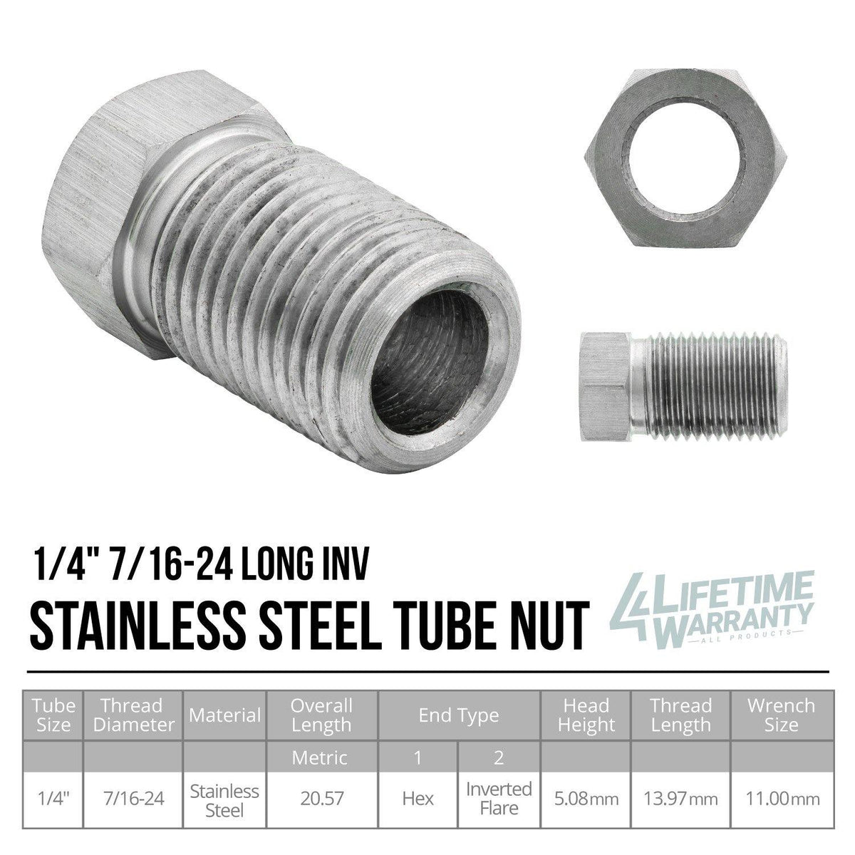 1/4" (7/16-24 Inverted) | Tube Nut | Long | Stainless Steel | 10ct - 4LifetimeLines
