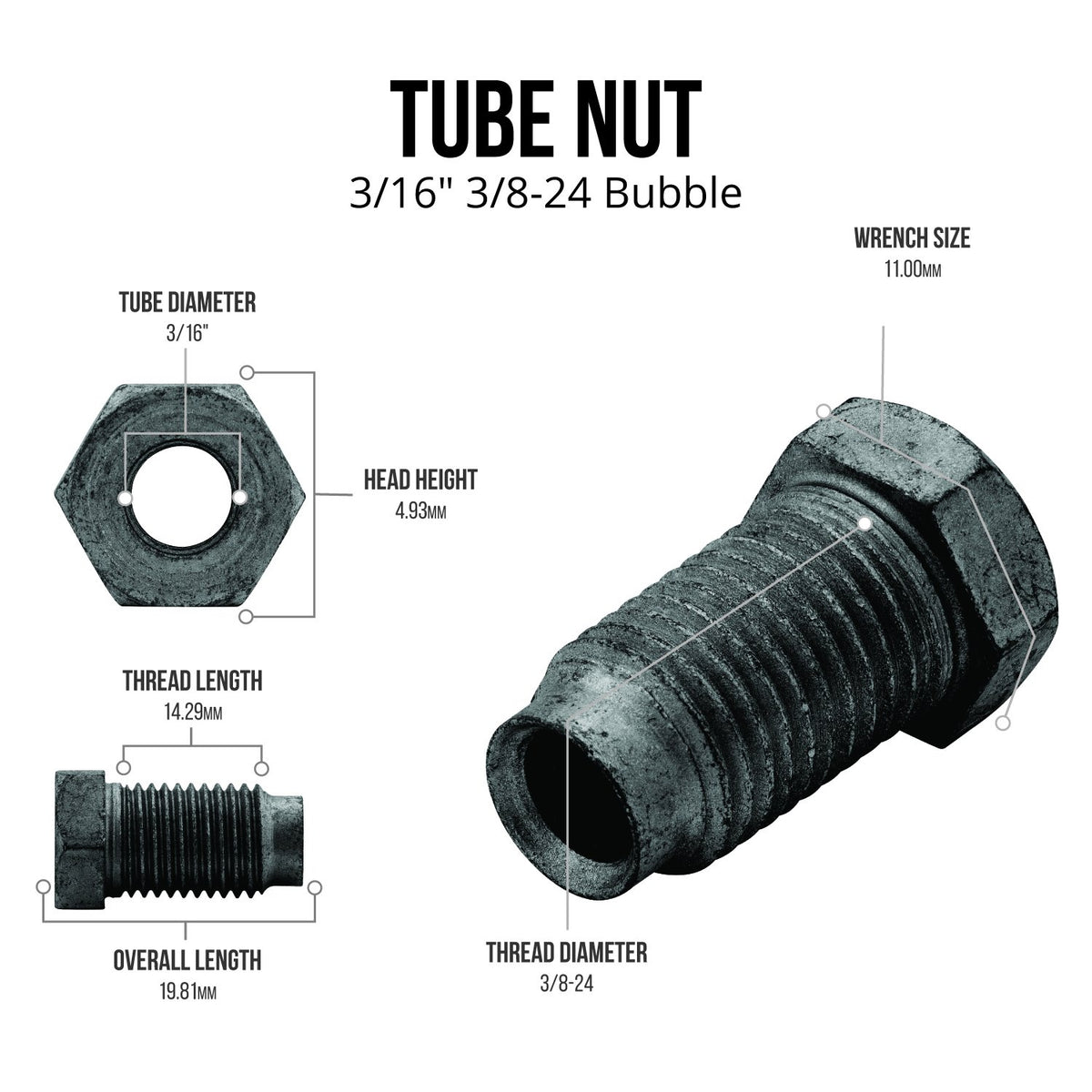 4LifetimeLines Brake Line Tube Nut - 3/16 (3/8-24 Bubble), Black Oxide Coated Steel, Bag of 10 - 4LifetimeLines