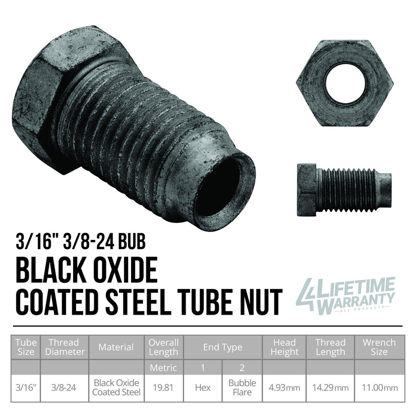 4LIFETIMELINES Brake Line Tube Nut - 3/16 (3/8-24 Bubble), Black Oxide Coated Steel, Bag of 10 - 4LifetimeLines