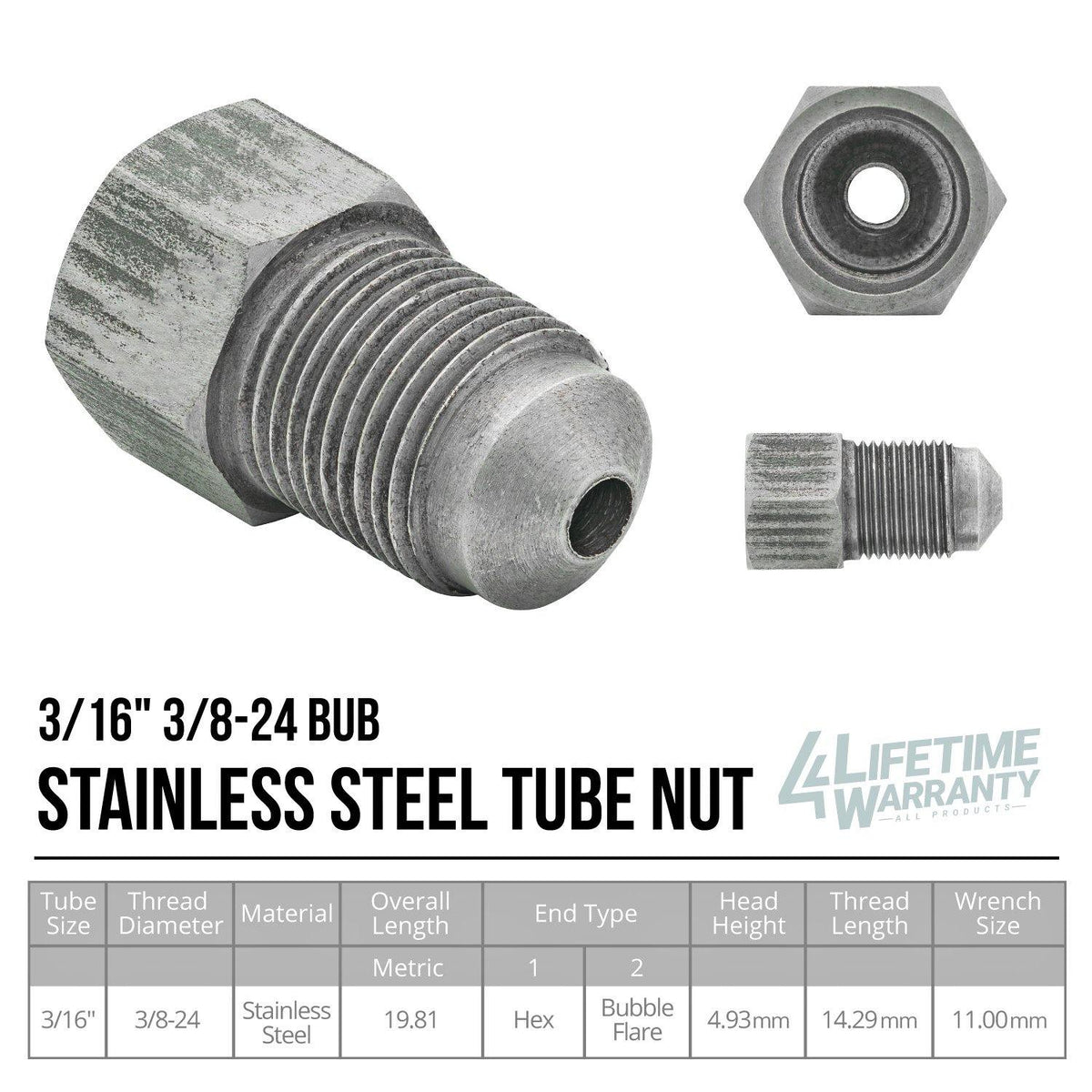 3/16" (3/8-24 Bubble) | Stainless Steel Brake Line Tube Nut | 10ct - 4LifetimeLines