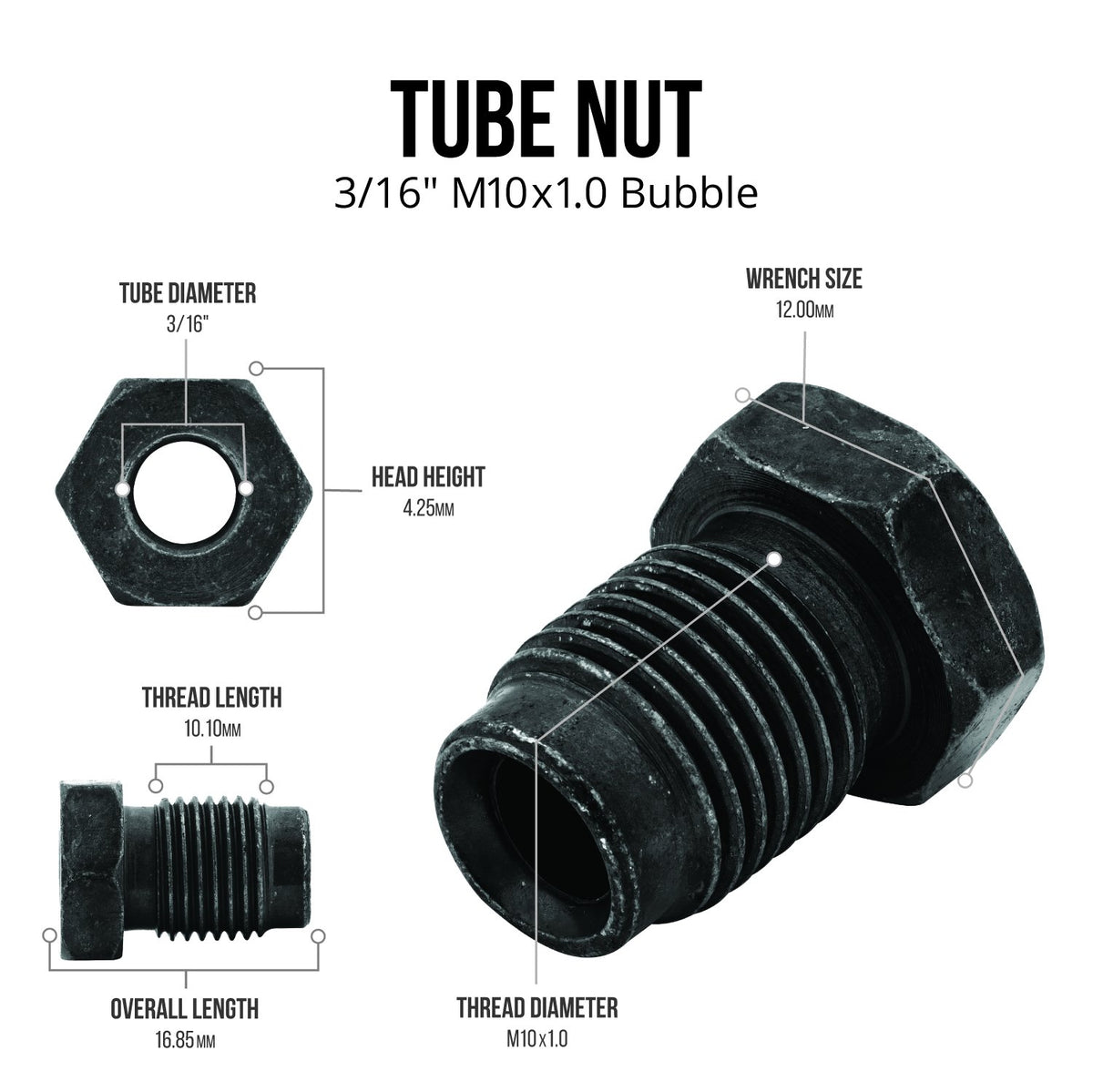 Brake Line Tube Nut - 3/16 (M10x1.0 Bubble), Black Oxide Coated Steel, Bag of 10 - 4LifetimeLines