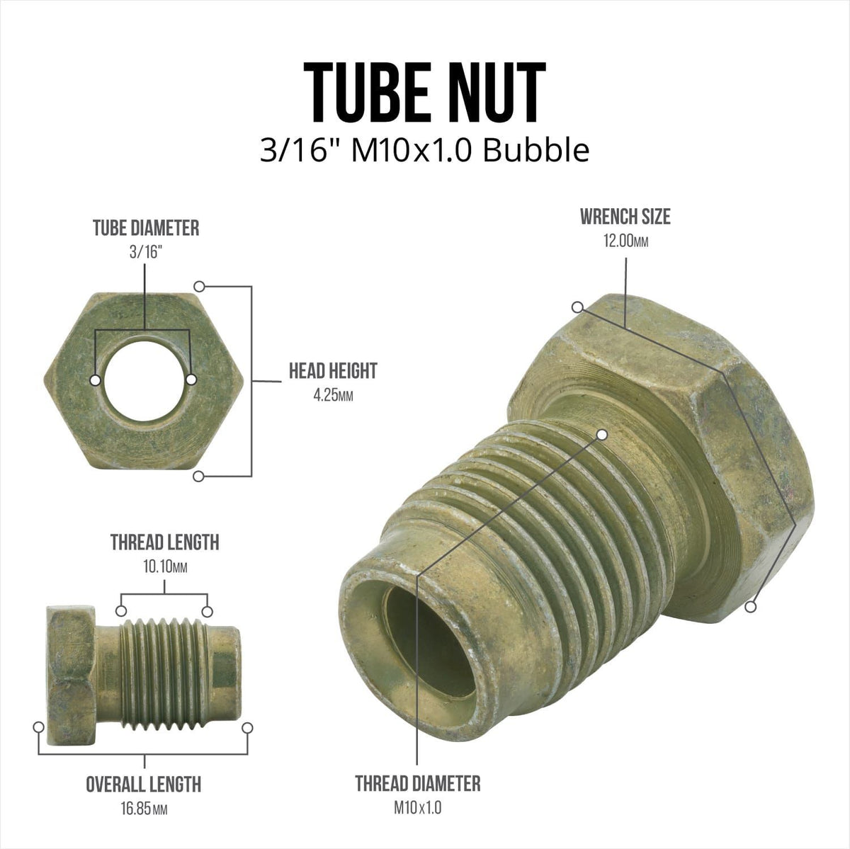 4LifetimeLines 3/16 (M10 x 1.0 Bubble) Steel Brake Line Fitting, Tube Nut, Pack of 50 - 4LifetimeLines