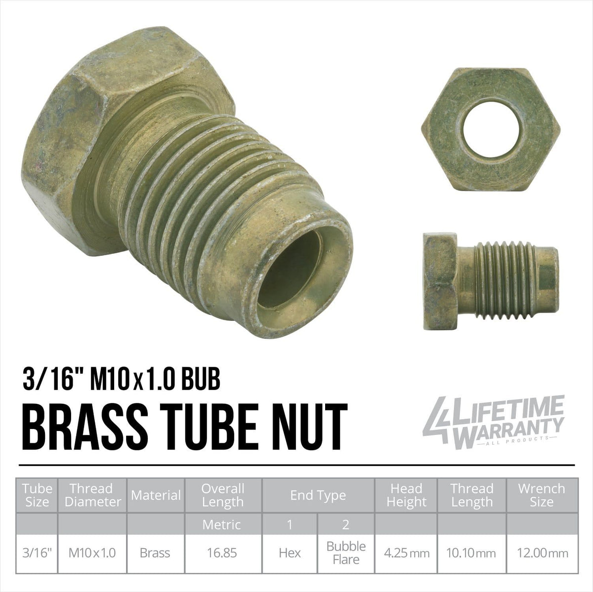 4LifetimeLines 3/16 (M10 x 1.0 Bubble) Steel Brake Line Fitting, Tube Nut, Pack of 50 - 4LifetimeLines