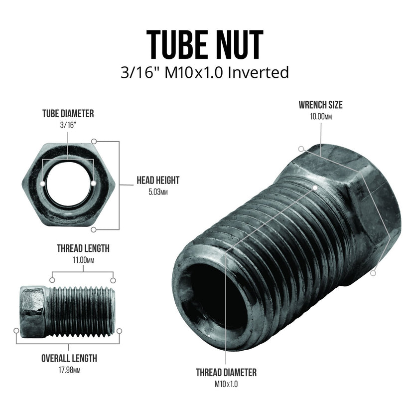 Brake Line Tube Nut - 3/16 (M10x1.0 Inverted), Black Oxide Coated Steel, Bag of 10 - 4LifetimeLines