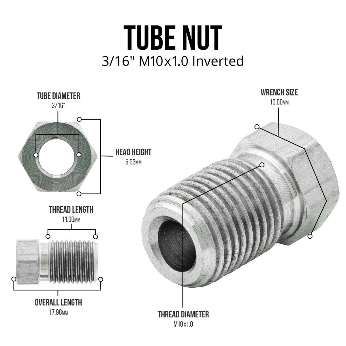 3/16" (M10x1.0 Inverted) | Tube Nut | Stainless Steel | 10ct - 4LifetimeLines