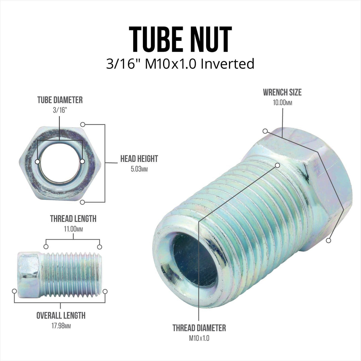 4LifetimeLines 3/16 (M10x1.0 Inverted) Steel Brake Line Fitting, Tube Nut, Pack of 50 - 4LifetimeLines
