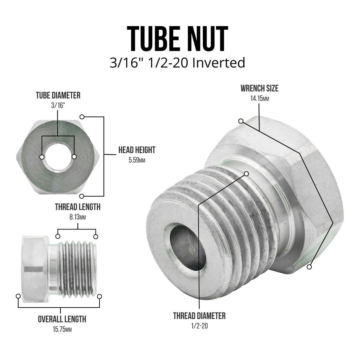 3/16" (1/2-20 Inverted) | Tube Nut | Stainless Steel | 10ct - 4LifetimeLines