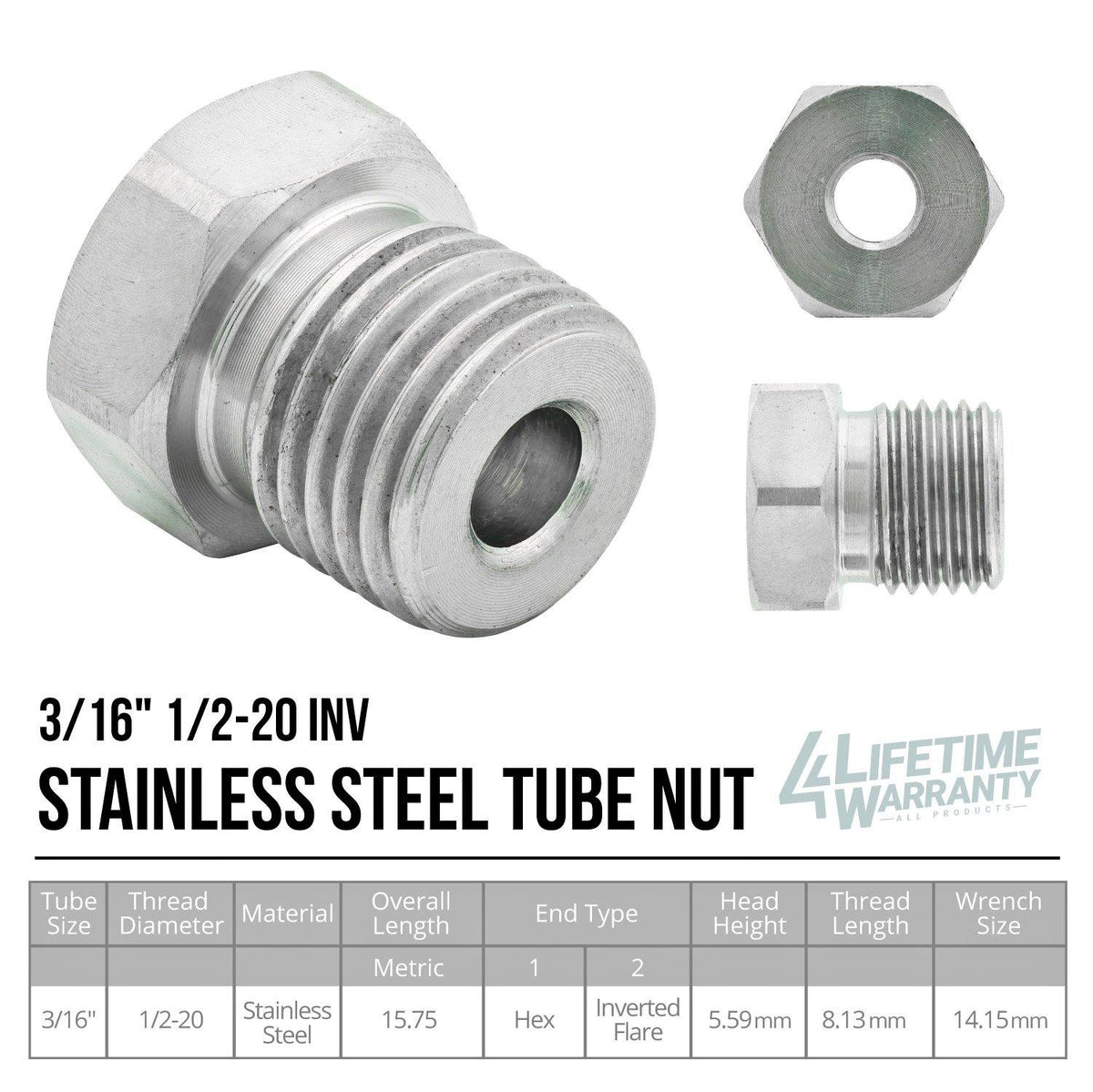 3/16" (1/2-20 Inverted) | Tube Nut | Stainless Steel | 10ct - 4LifetimeLines