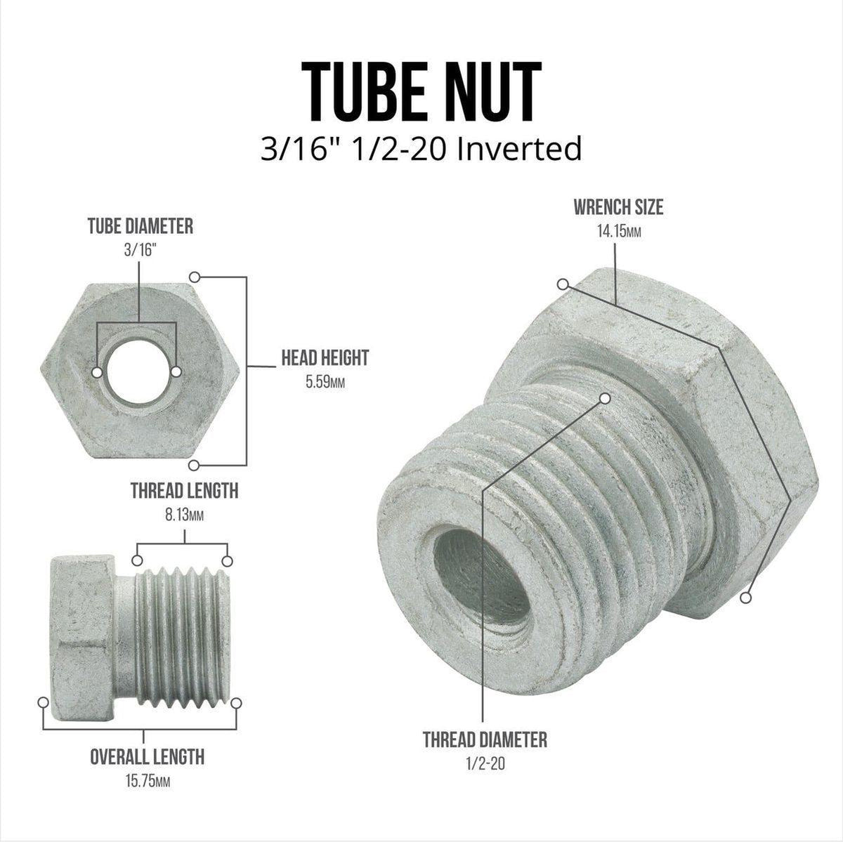 3/16" (1/2-20 Inverted) | Steel Tube Nut | 10ct - 4LifetimeLines