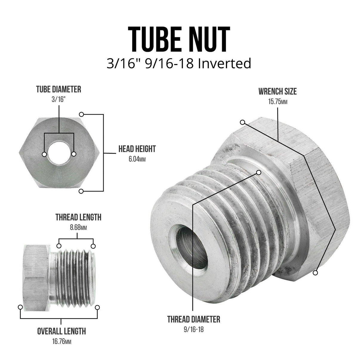 3/16" (9/16-18 Inverted) | Tube Nut | Stainless Steel | 10ct - 4LifetimeLines