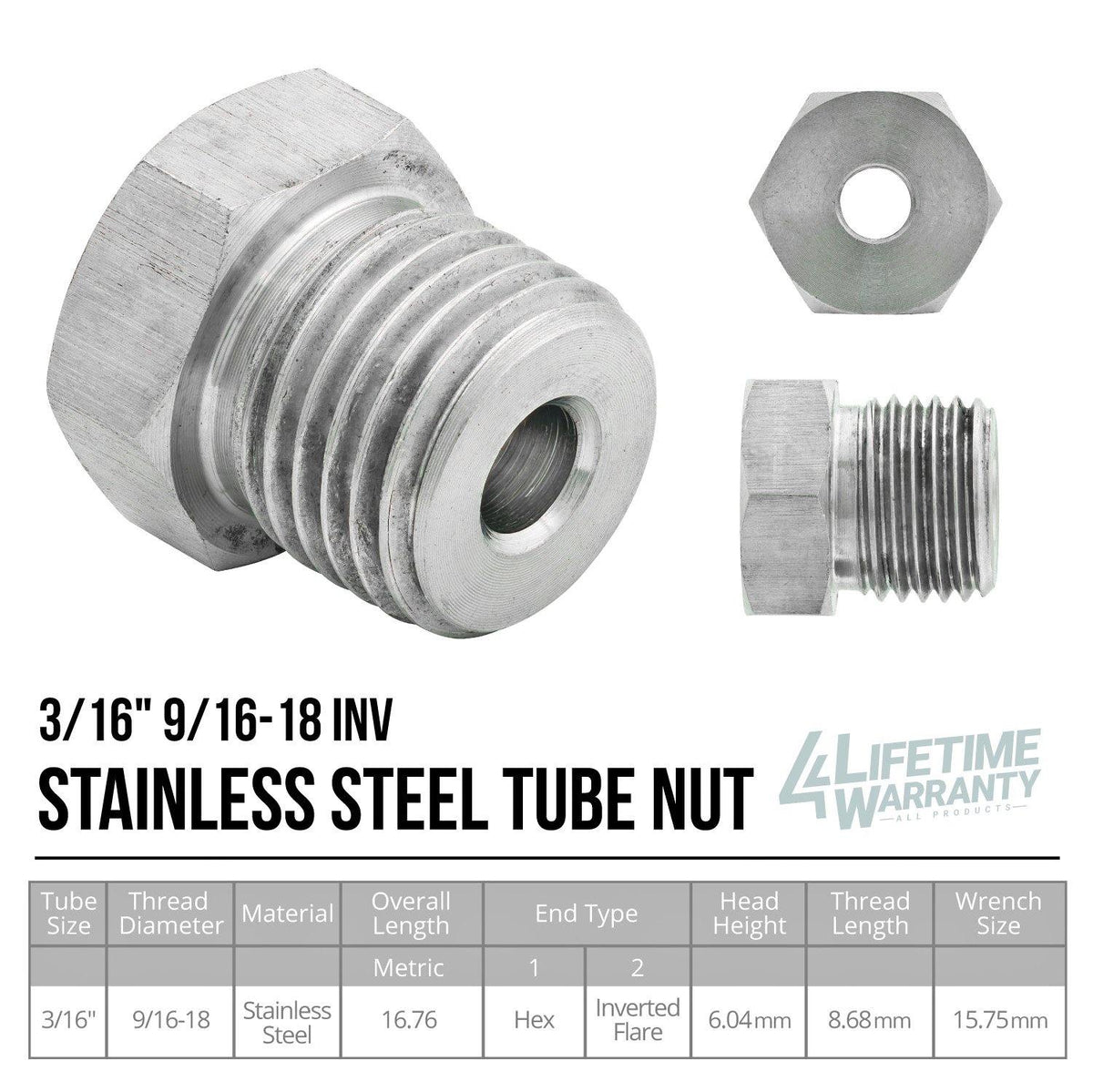 3/16" (9/16-18 Inverted) | Tube Nut | Stainless Steel | 10ct - 4LifetimeLines