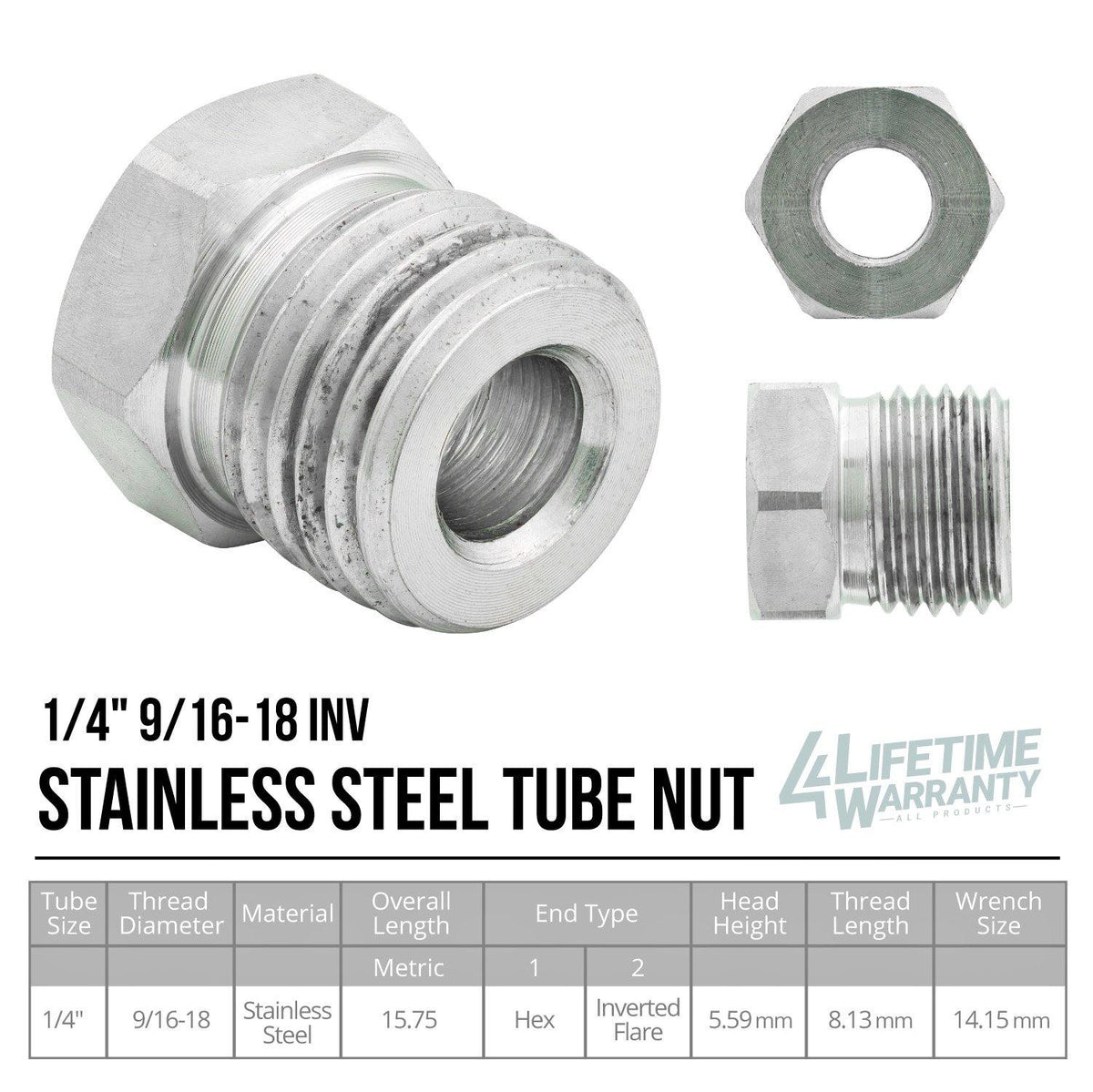 1/4" (9/16-18 Inverted) | Tube Nut | Stainless Steel | 10ct - 4LifetimeLines