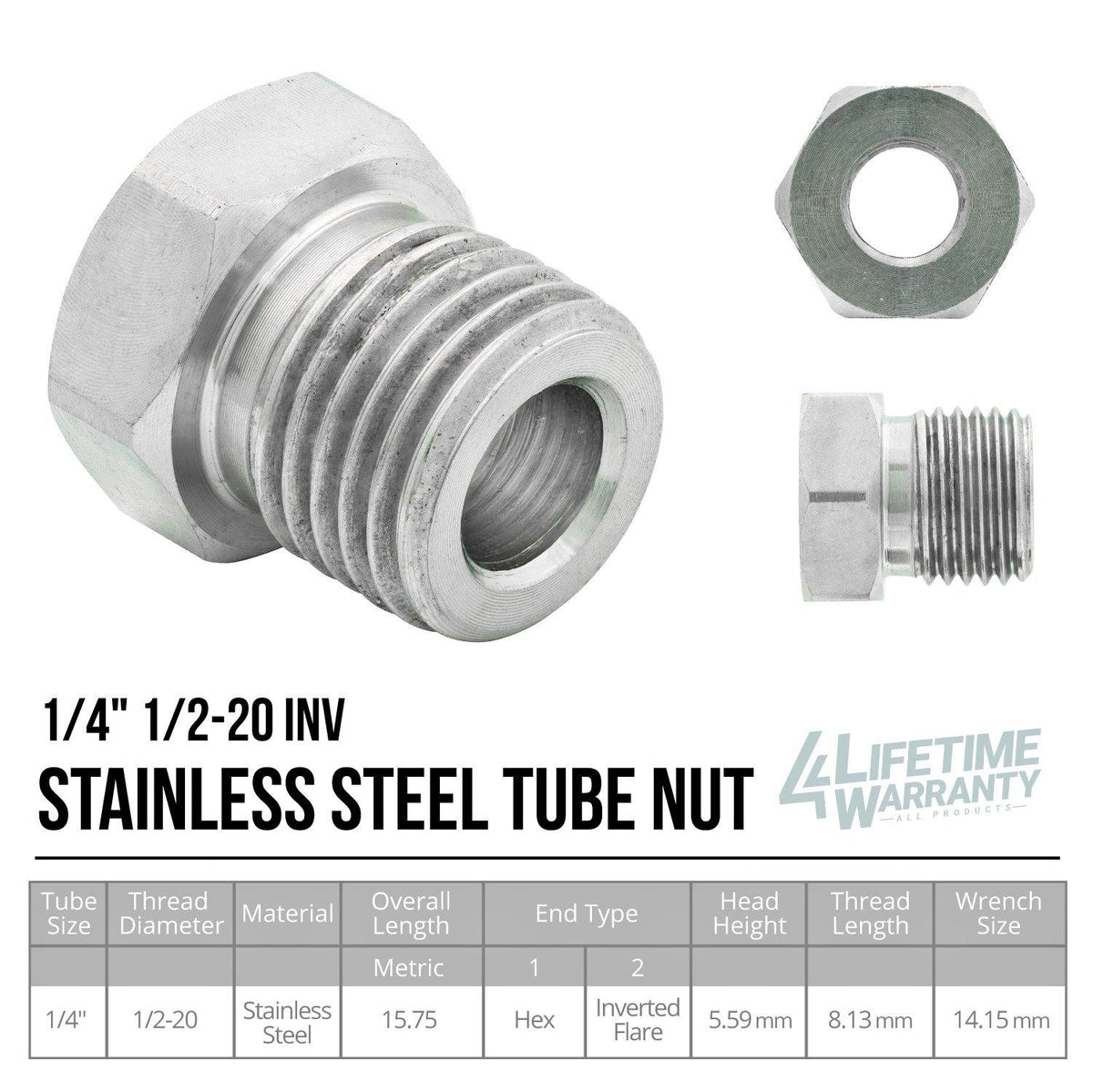 1/4" (1/2-20 Inverted) | Stainless Steel Brake Line Tube Nut | 10ct - 4LifetimeLines