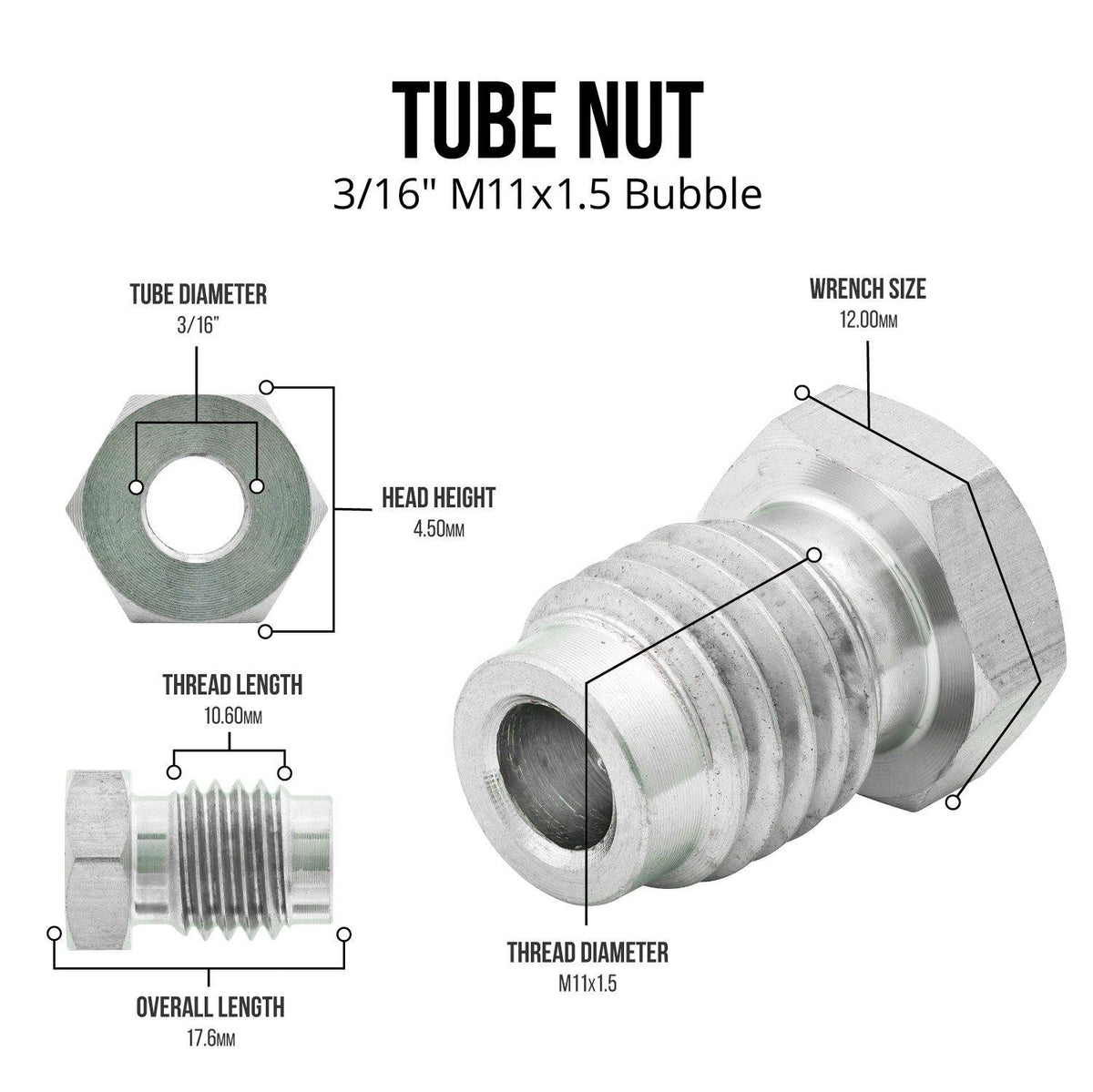 3/16" (M11x1.5 Bubble) | Tube Nut | Stainless Steel | 10ct - 4LifetimeLines