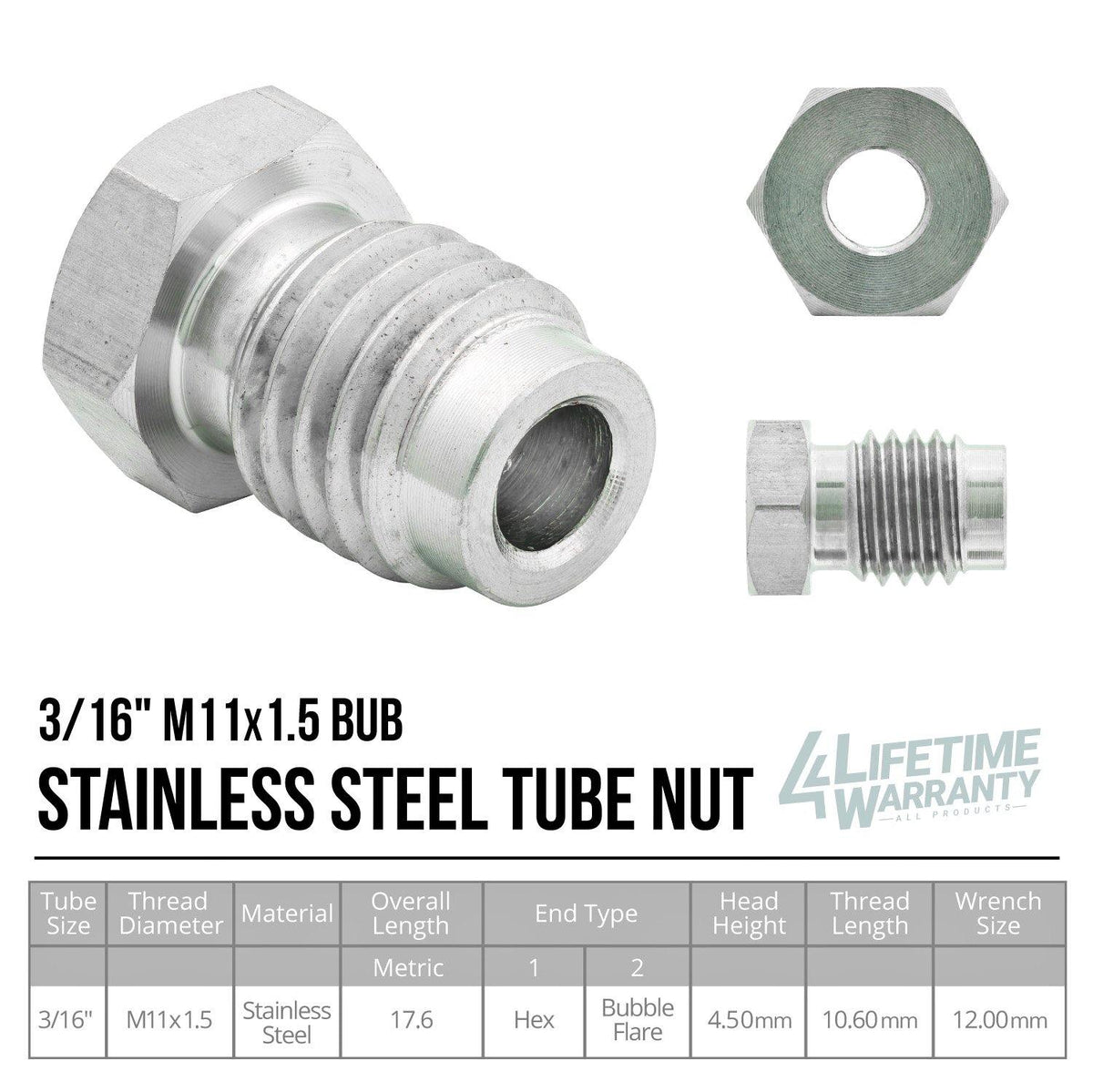 3/16" (M11x1.5 Bubble) | Tube Nut | Stainless Steel | 10ct - 4LifetimeLines