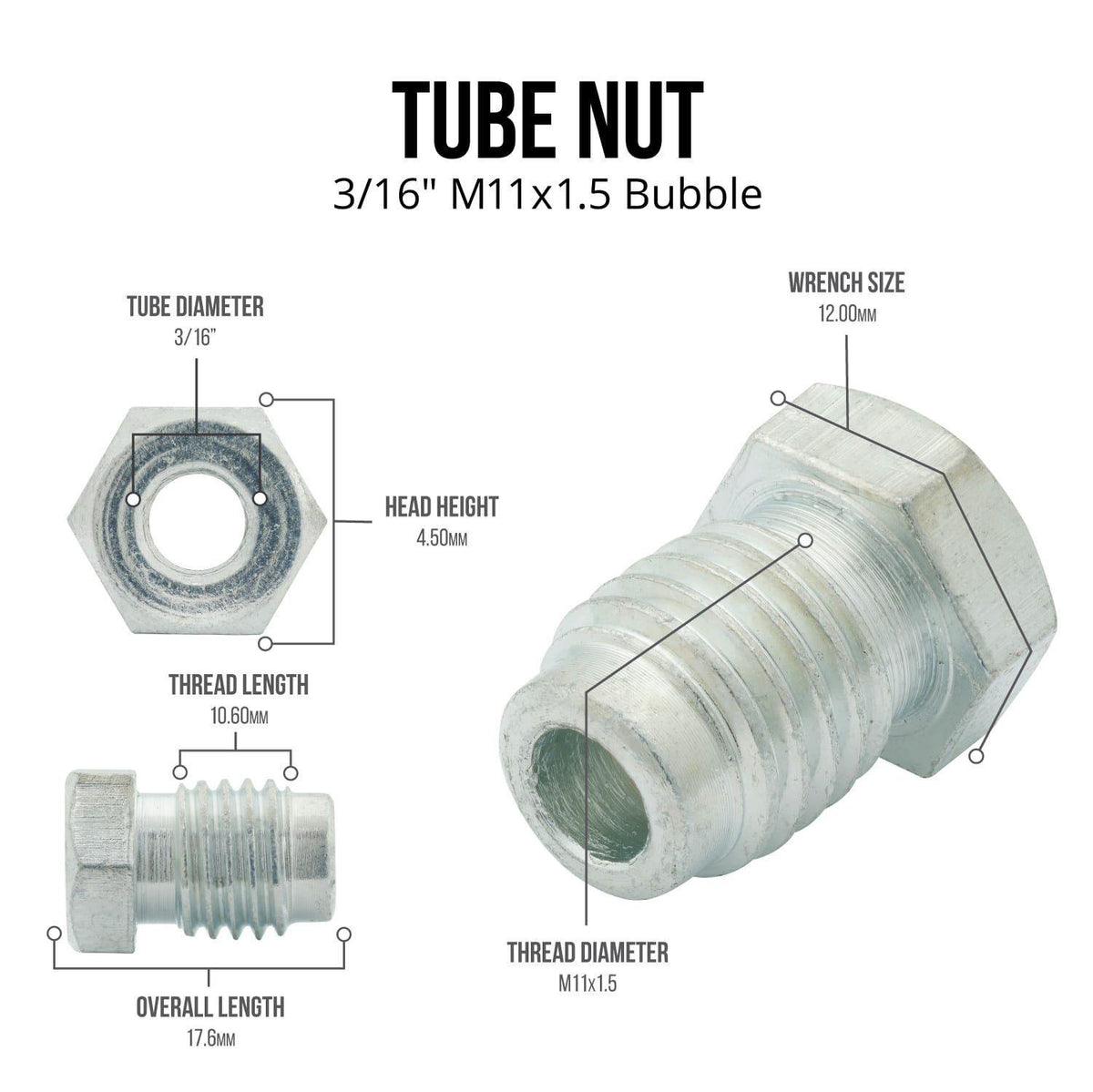 3/16" (Metric 11x1.5 Bubble) | Steel Tube Nut | 10ct - 4LifetimeLines