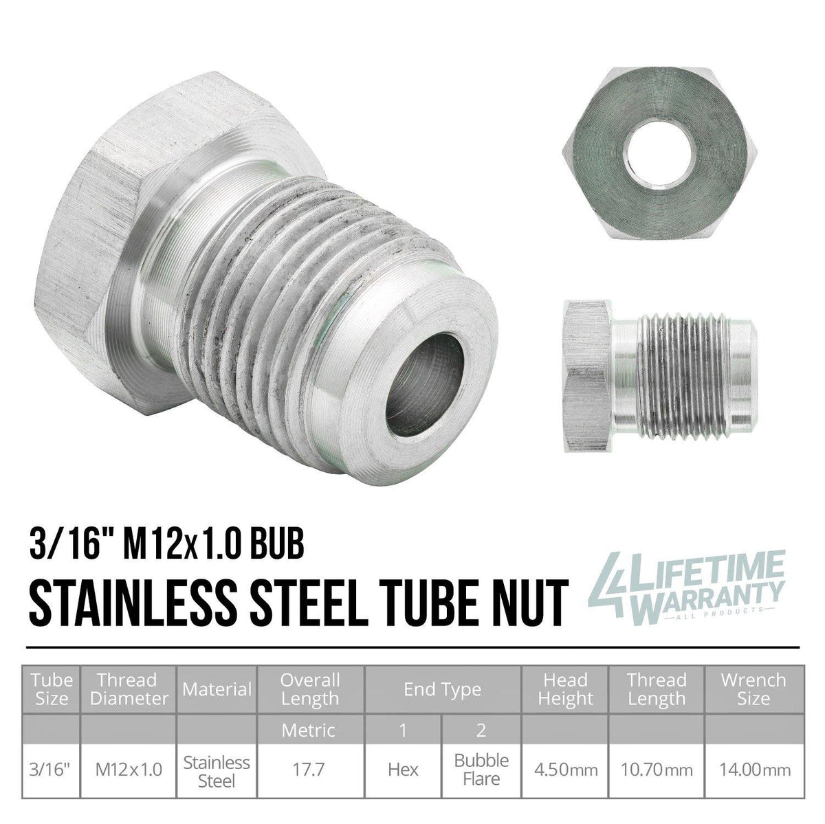 3/16" (M12x1.0 Bubble) | Tube Nut | Stainless Steel |  10ct - 4LifetimeLines