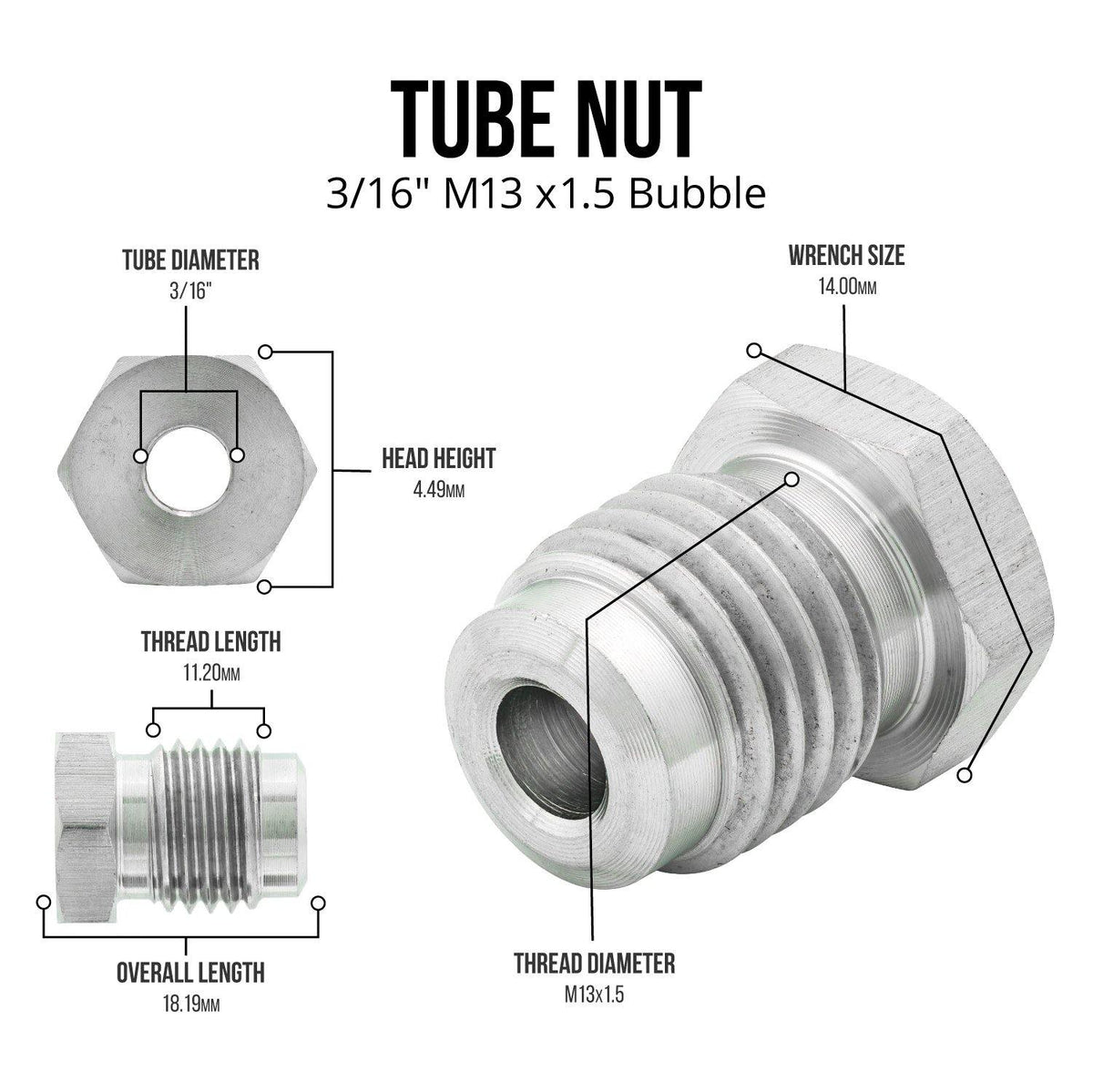 3/16" (M13x1.5 Bubble) | Stainless Steel Brake Line Tube Nut | 10ct - 4LifetimeLines