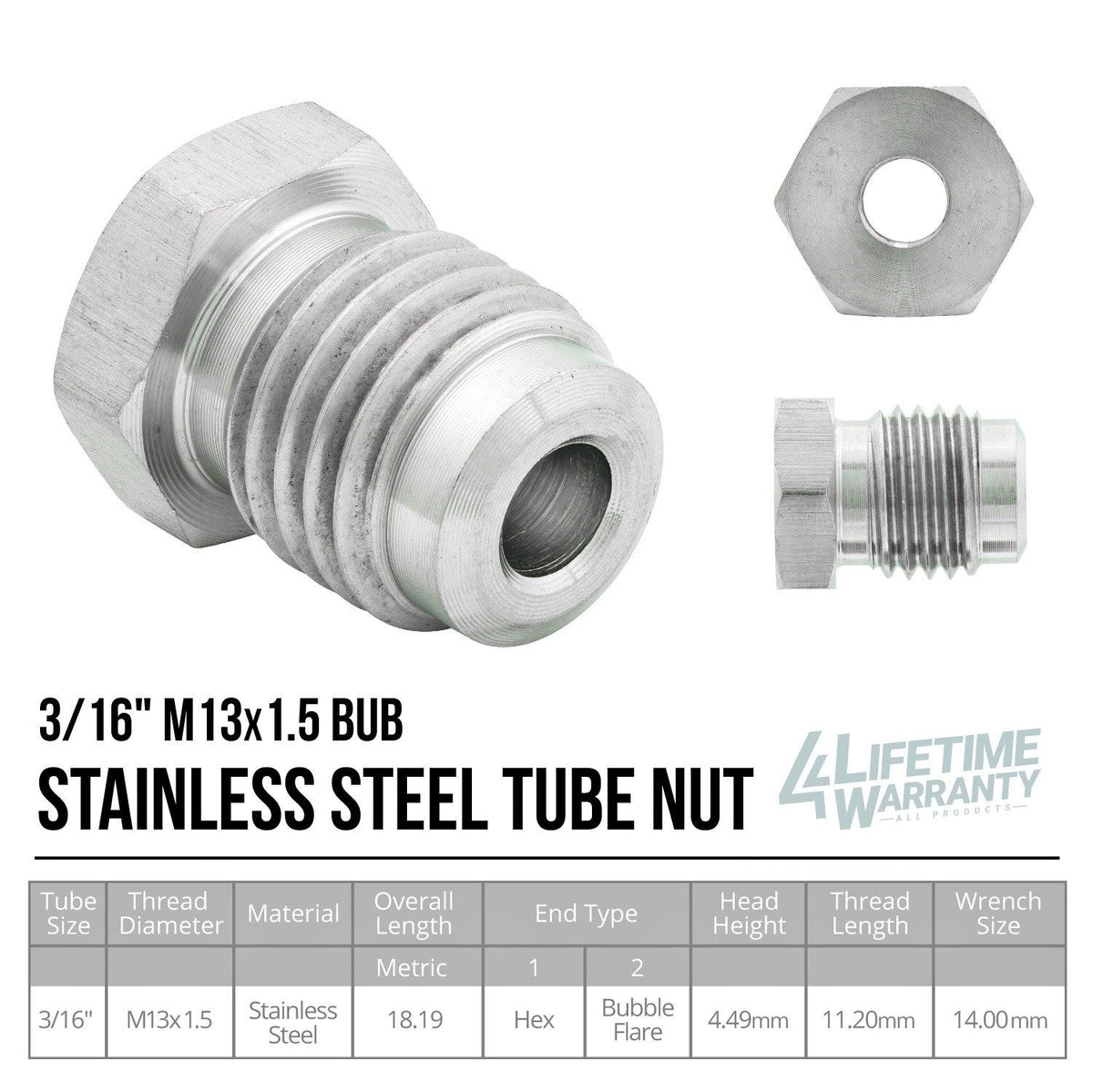 3/16" (M13x1.5 Bubble) | Stainless Steel Brake Line Tube Nut | 10ct - 4LifetimeLines