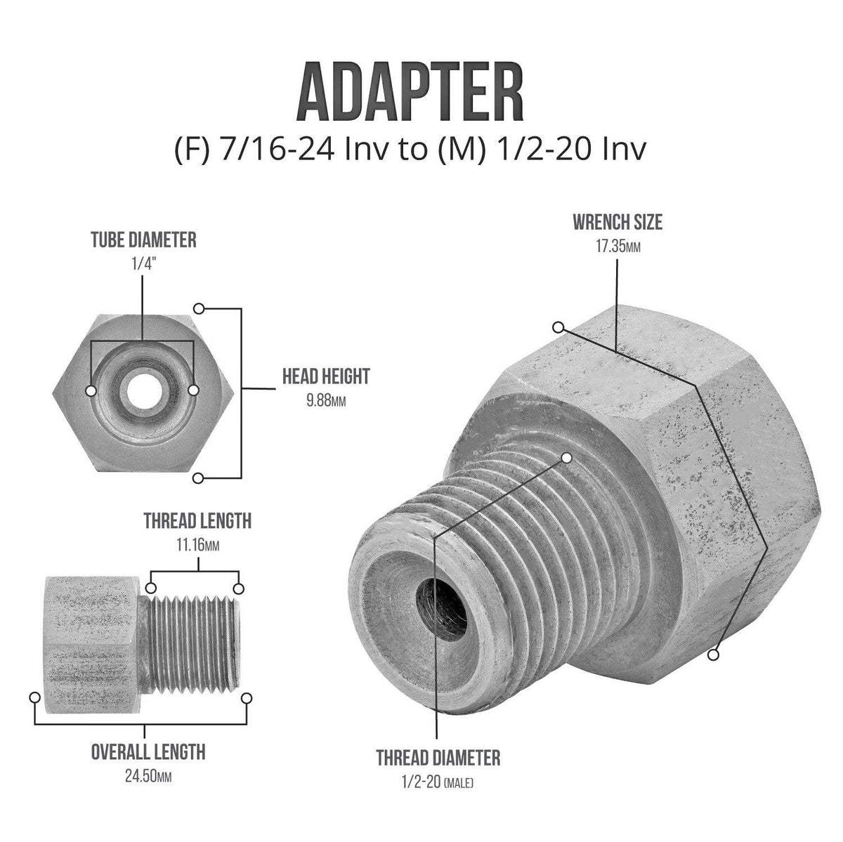 (7/16-24 Inverted)F to (1/2-20 Inverted)M | Stainless Steel Brake Line Adapter | 10ct - 4LifetimeLines