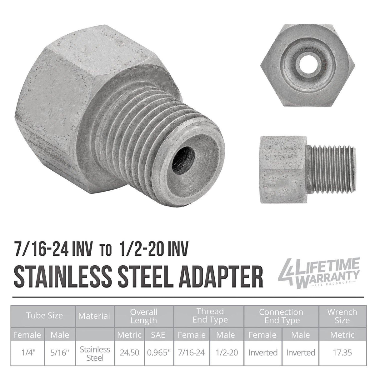 (7/16-24 Inverted)F to (1/2-20 Inverted)M | Stainless Steel Brake Line Adapter | 10ct - 4LifetimeLines