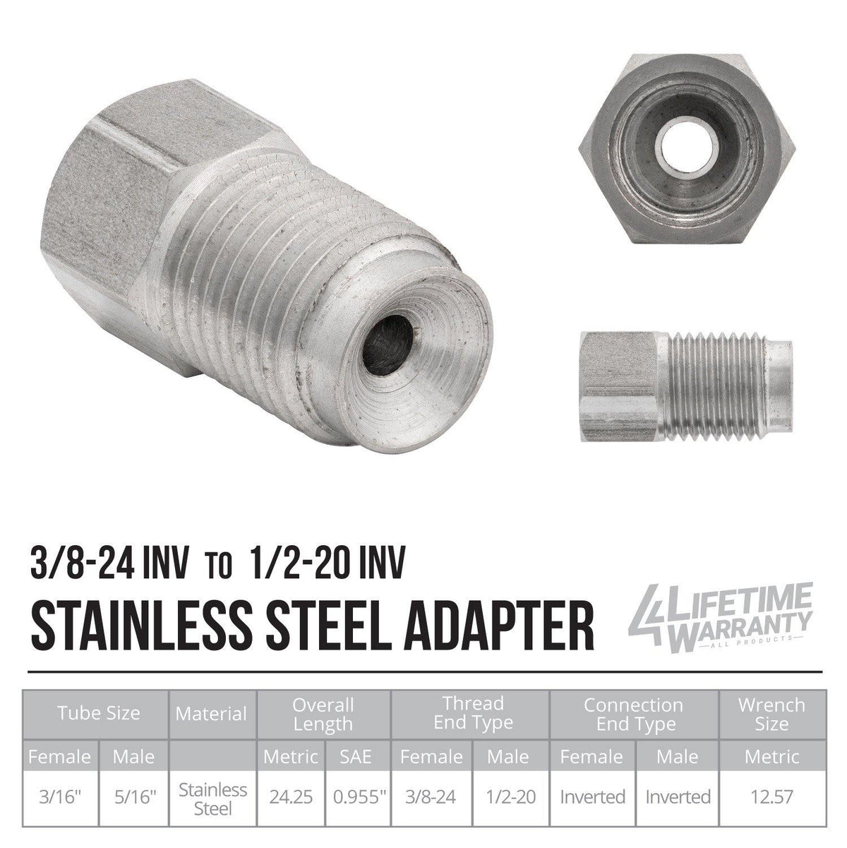 (3/8-24 Inverted)F to (1/2-20 Inverted)M | Stainless Steel Brake Line Adapter | 10ct - 4LifetimeLines