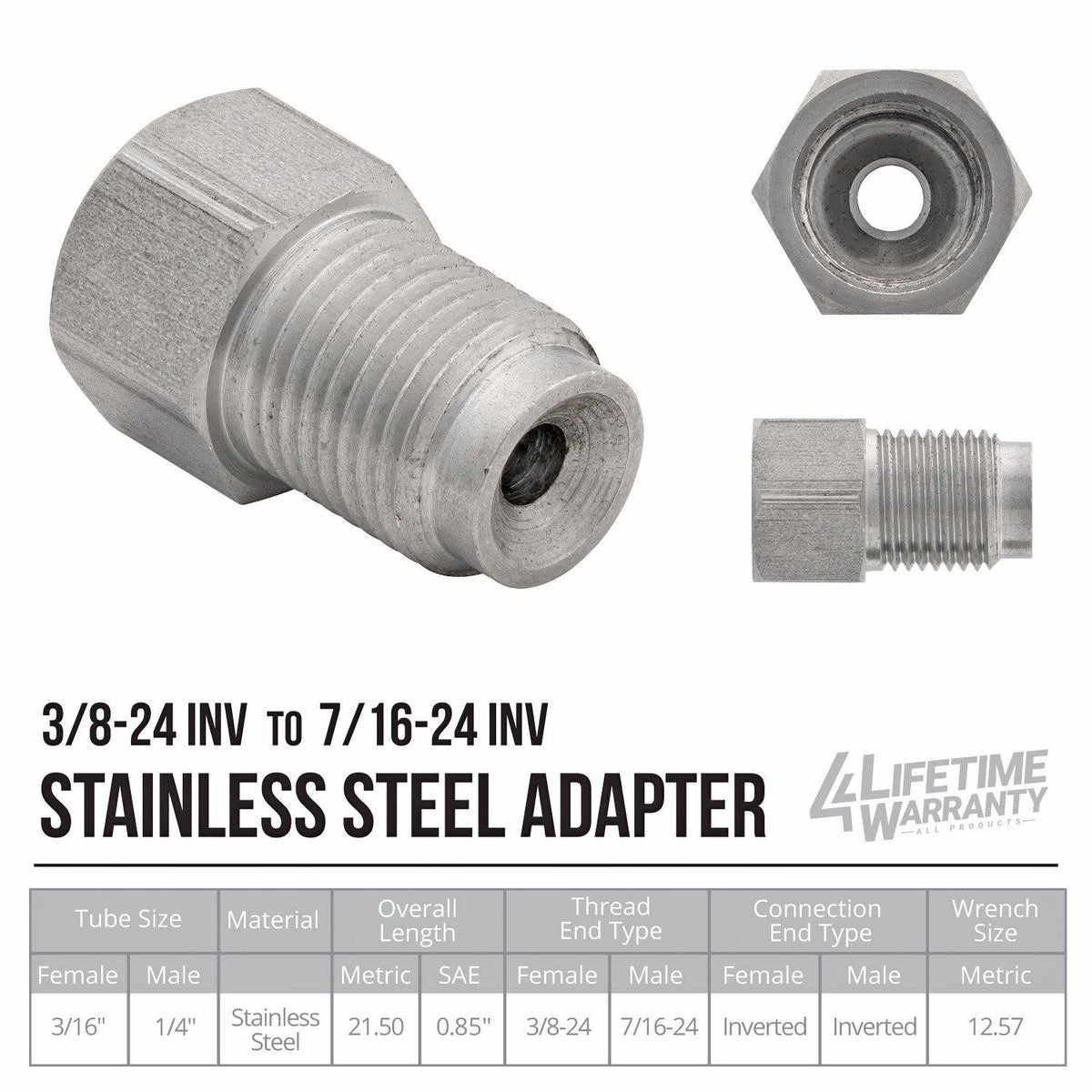 (3/8-24 Inverted)F to (7/16-24 Inverted)M | Stainless Steel Brake Line Adapter | 10ct - 4LifetimeLines