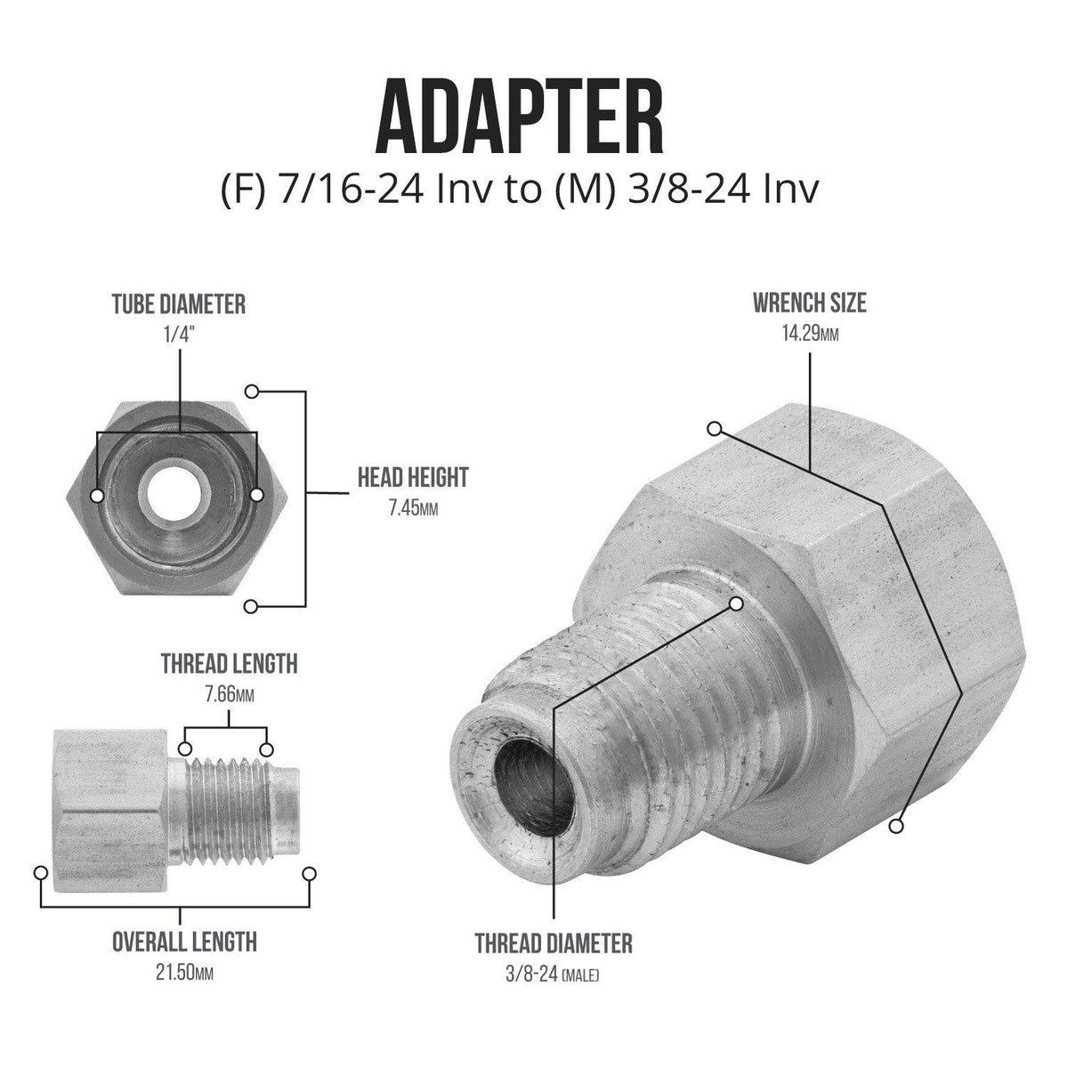 (7/16-24 Inverted)F to (3/8-24 Inverted)M | Stainless Steel Brake Line Adapter | 10ct - 4LifetimeLines