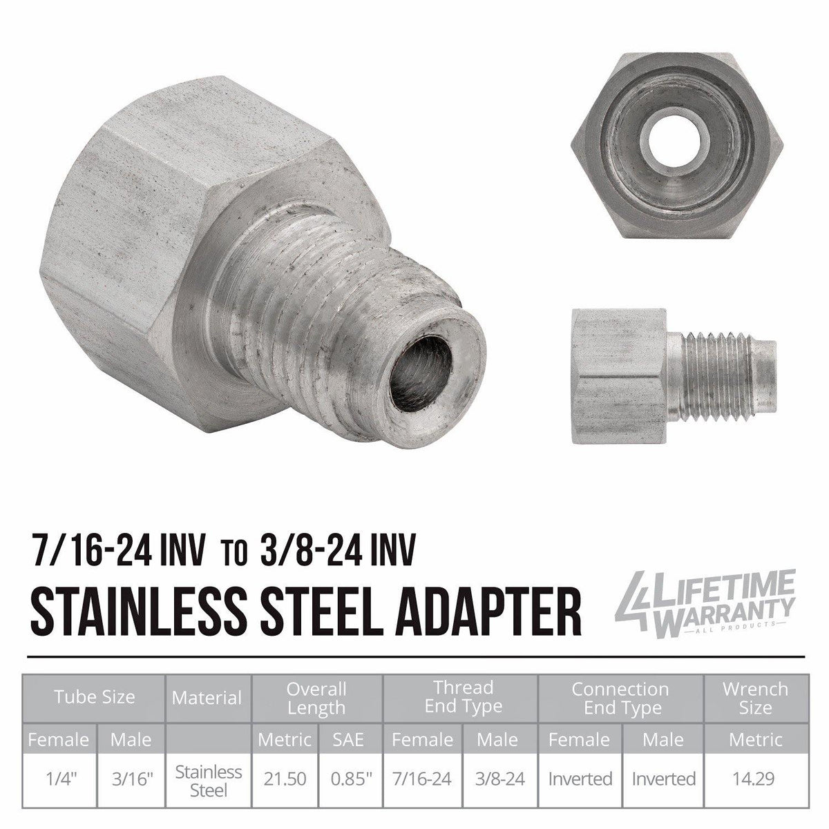 (7/16-24 Inverted)F to (3/8-24 Inverted)M | Stainless Steel Brake Line Adapter | 10ct - 4LifetimeLines