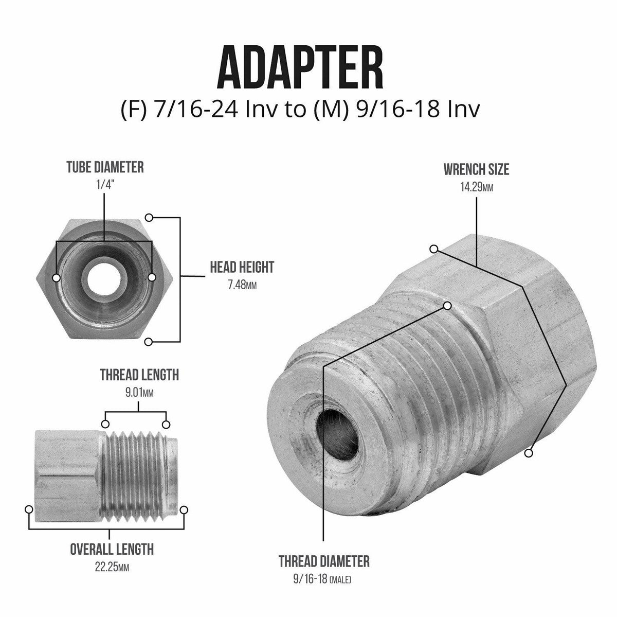 (7/16-24 Inverted)F to (9/16-18 Inverted)M | Stainless Steel Brake Line Adapter | 10ct - 4LifetimeLines