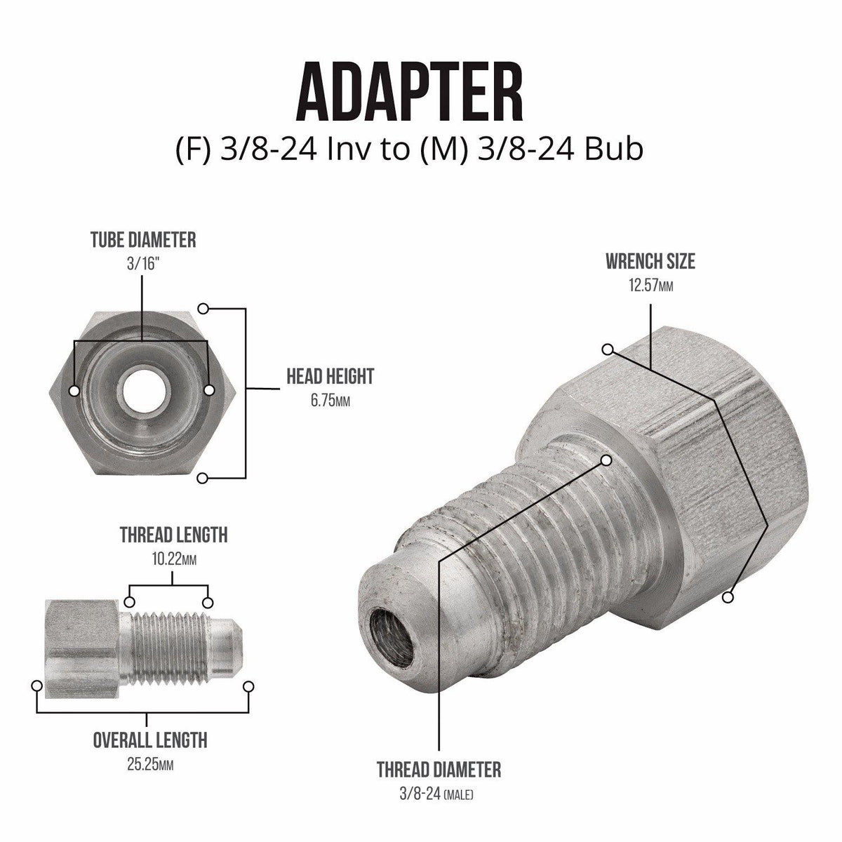 (3/8-24 Inverted)F to (3/8-24 Bubble)M | Stainless Steel Brake Line Adapter | 10ct - 4LifetimeLines