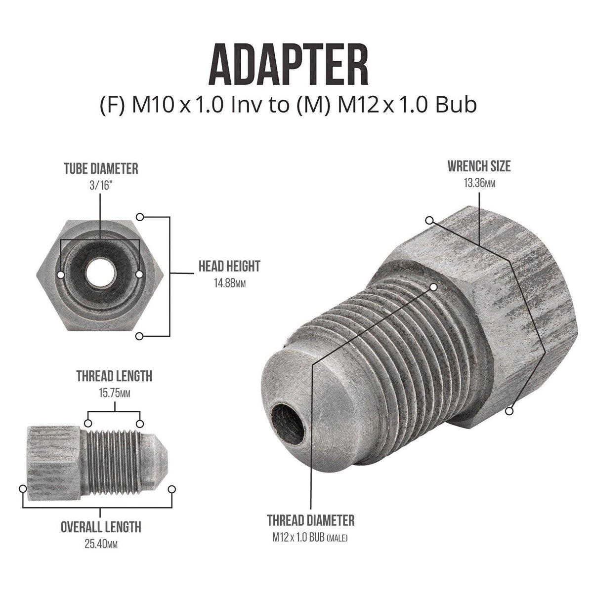 (M10x1.0 Inverted)F to (M12x1.0 Bubble)M | Stainless Steel Brake Line Adapter |  | 10ct - 4LifetimeLines